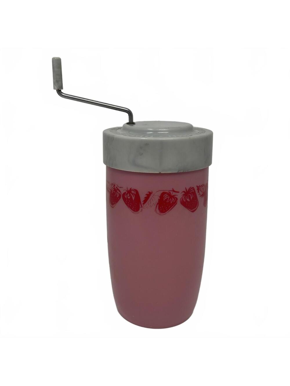 Vintage Pink Plastic Hand Crank Drink Mixer with Strawberry Pattern
